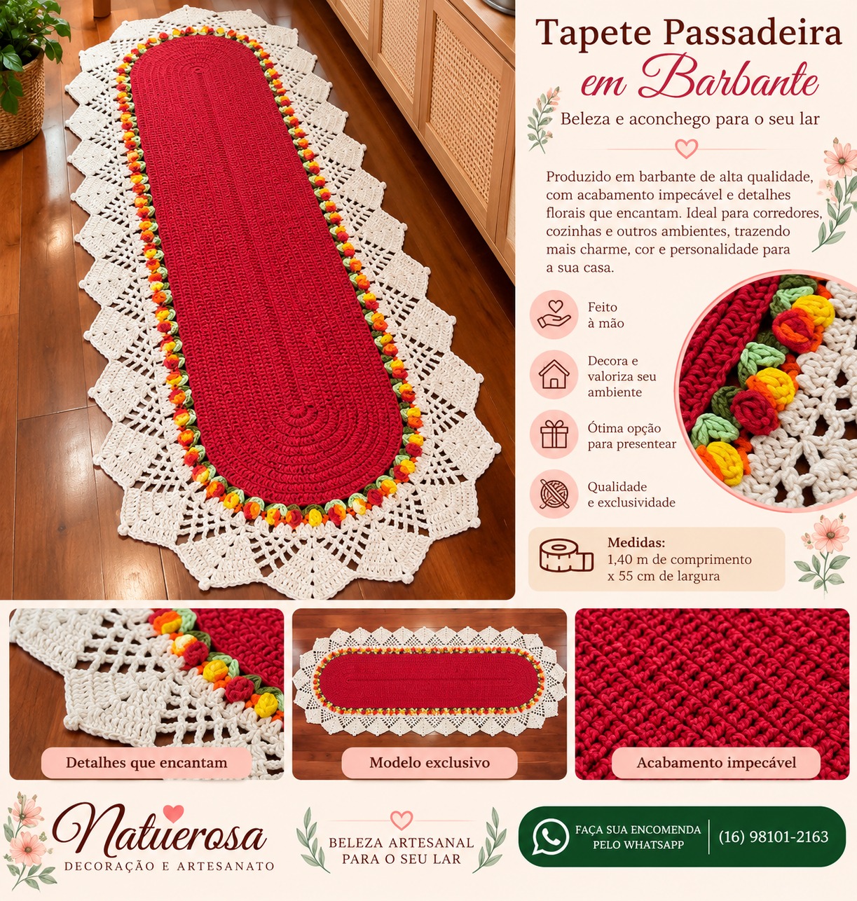 Tapete Passadeira Jardim de Flores em barbante