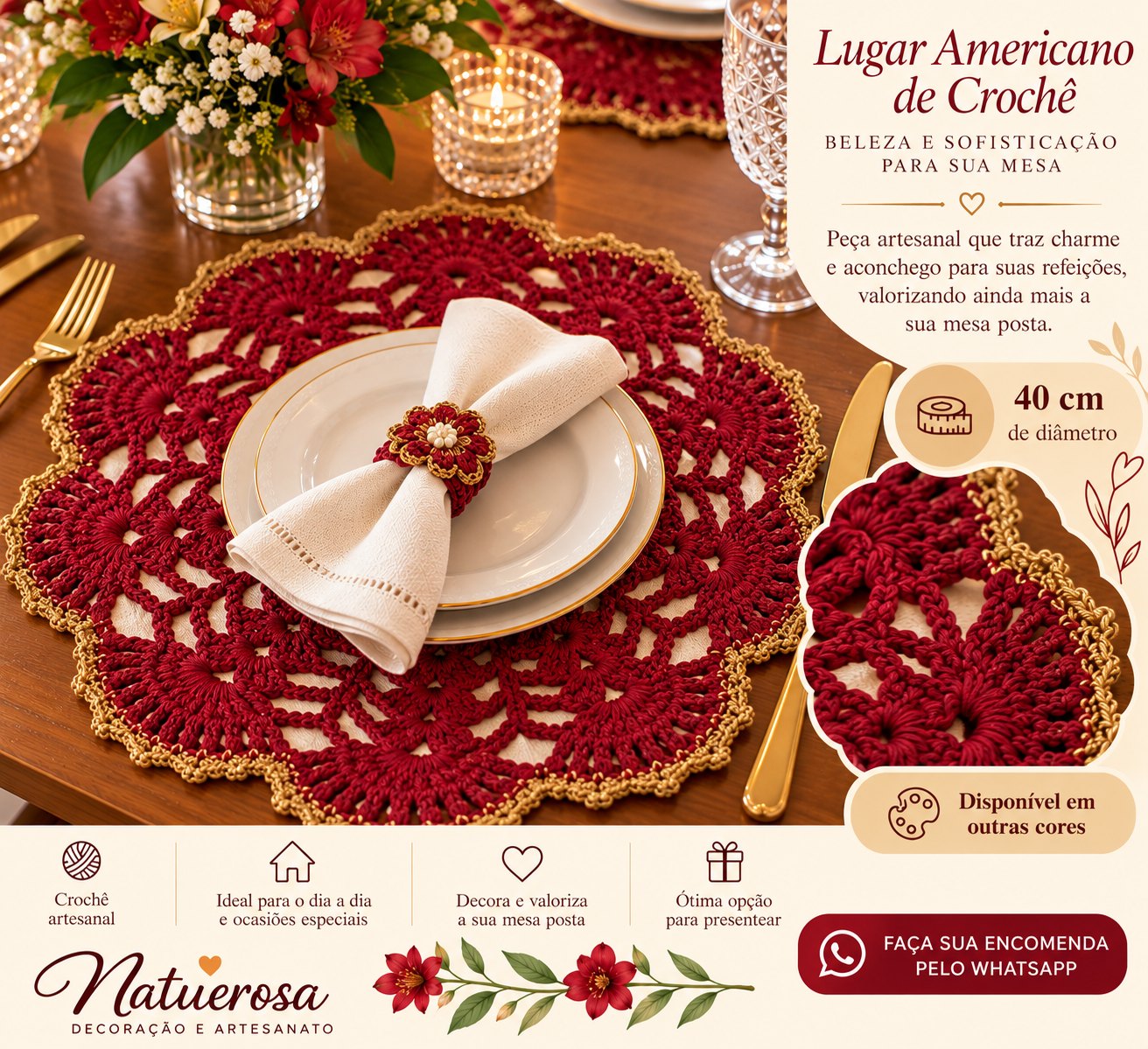 Lugar americano em crochê modelo 3: vermelho com acabamento dourado, vazado, em mesa posta