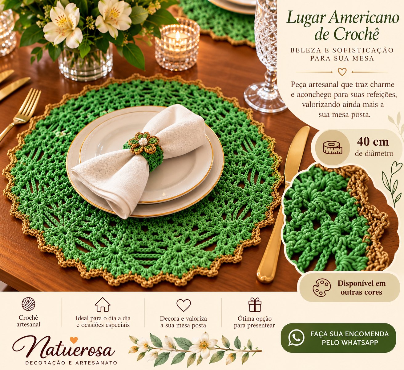 Lugar americano em crochê modelo 2: verde com acabamento dourado, vazado, em mesa posta