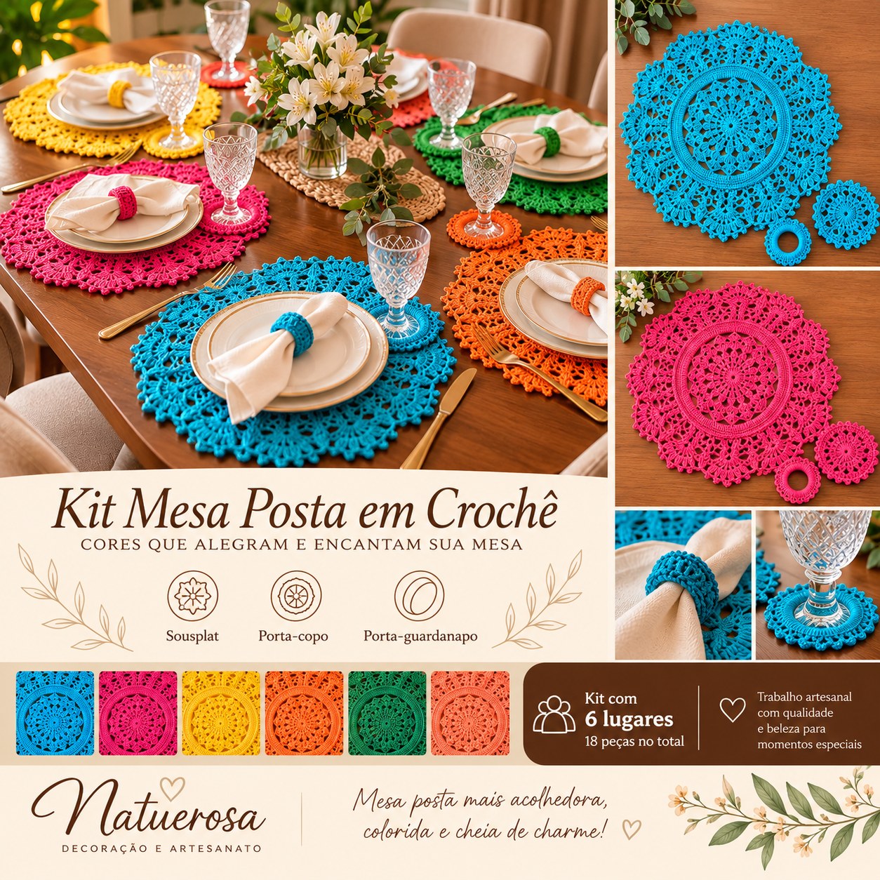 Arte do Kit Mesa Posta – Colorido: mesa montada para seis lugares com sousplat, porta-copo e porta-guardanapo em crochê em seis cores vivas