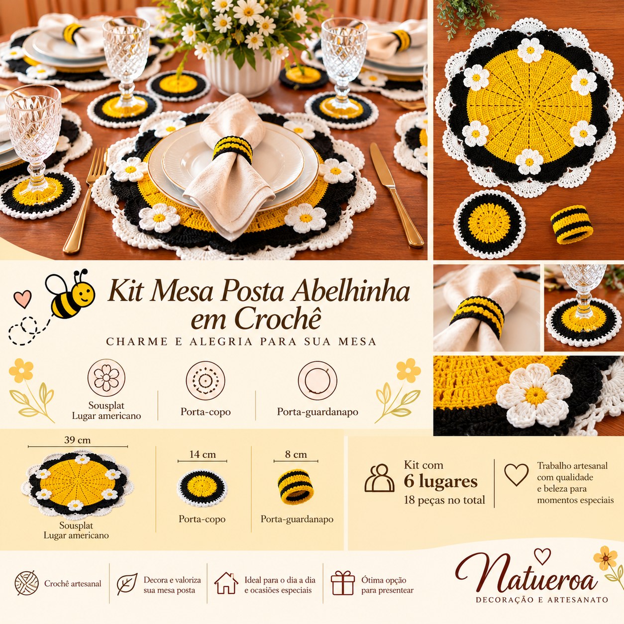 Arte do Kit Mesa Posta – Abelhinha: lugar americano, porta-copo e porta-guardanapo em crochê amarelo, preto e branco com florzinhas