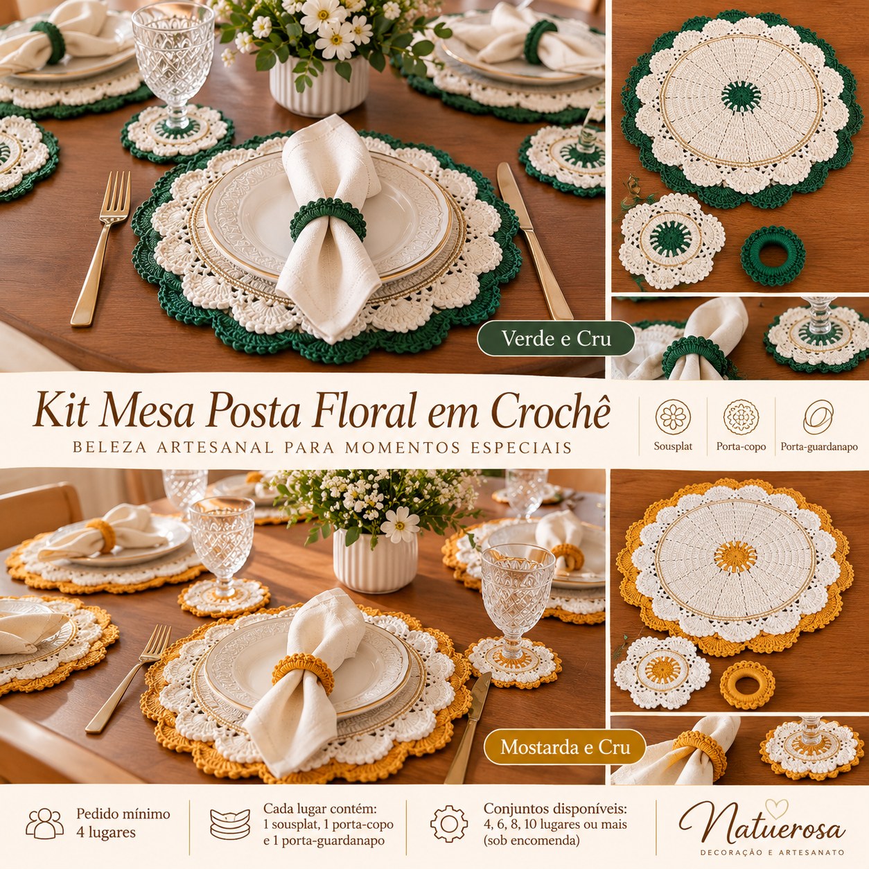 Kit Mesa Posta – Floral montado à mesa nas cores verde e cru e mostarda e cru, com sousplat, porta-copo e porta-guardanapo