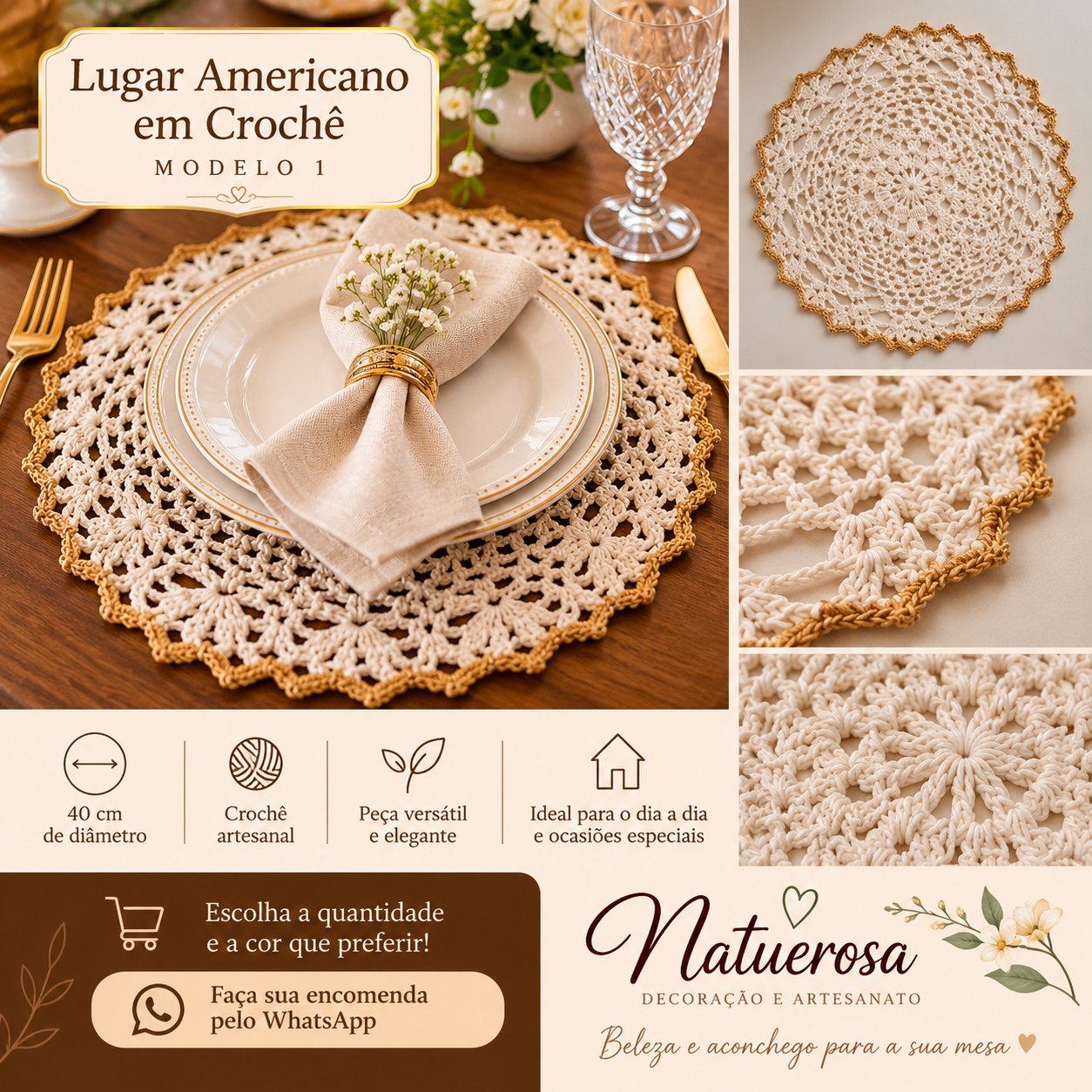 Lugar americano de crochê cru com acabamento dourado